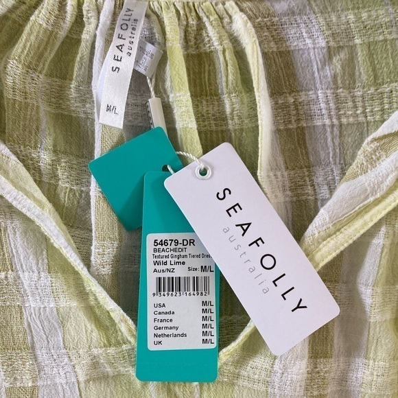 Seafolly Short V-Neck Textured Gingham Tiered Dress in Wild Lime NWT - Picture 5 of 8